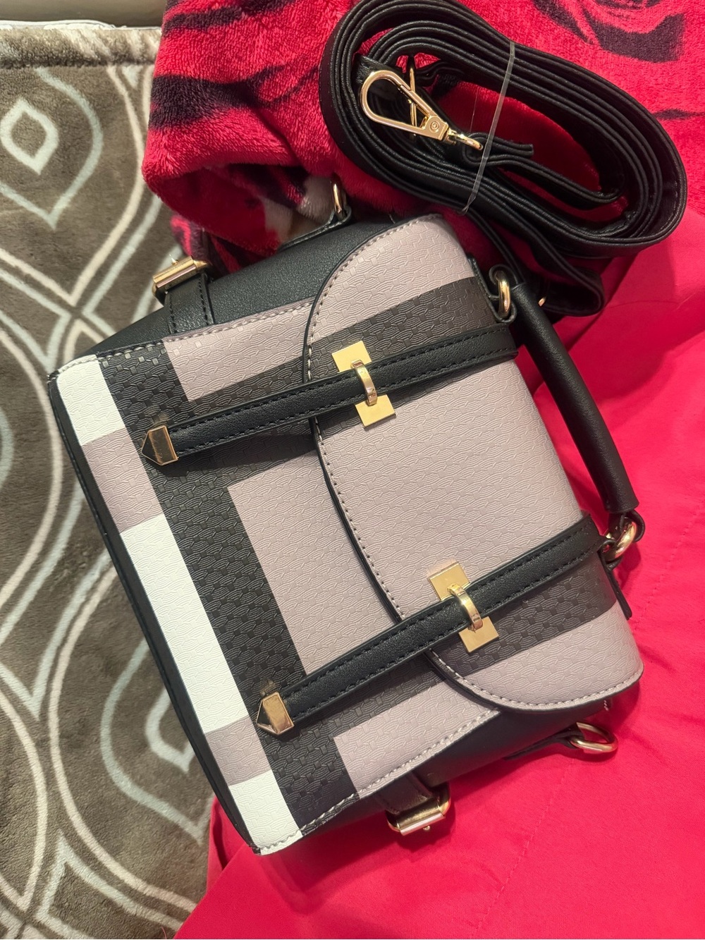 Structured Pink and Black Mini Satchel with Gold Hardware